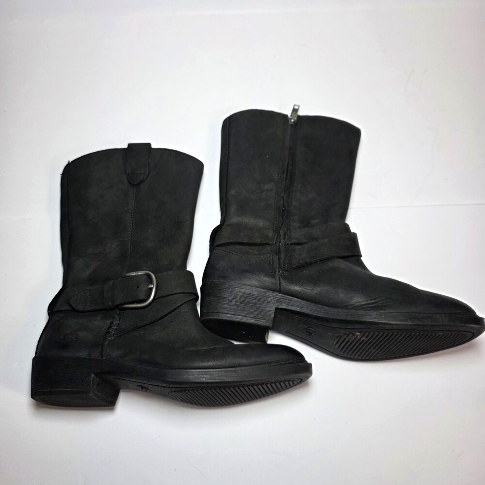 UGG Black Leather Mid-Calf Biker Boots Buckle Strap Side Zip Round Toe US 6.5